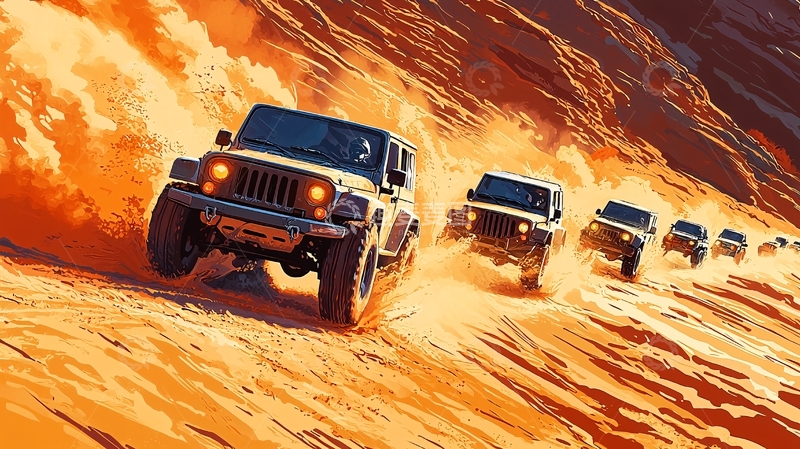 高清大图下载【趣麦麦图】越野车队在沙漠中疾驰