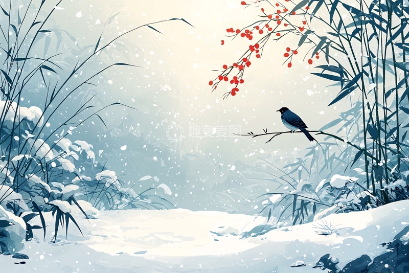 高清大图下载【趣麦麦图】雪地寒枝栖鸟