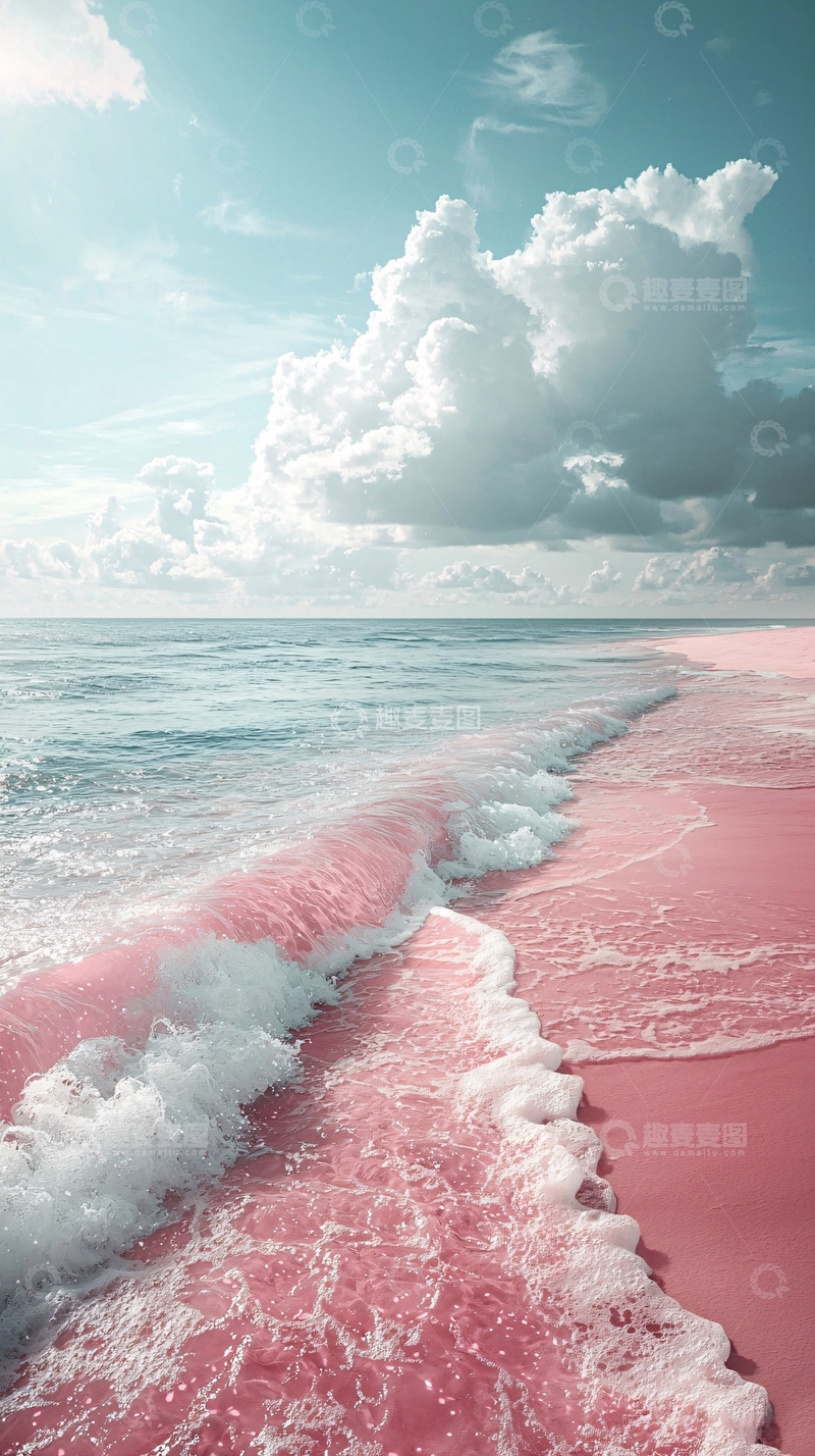 高清大图下载【趣麦麦图】粉红色沙滩海浪天空