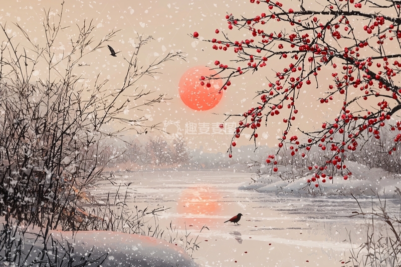 高清大图下载【趣麦麦图】雪景冬日日落