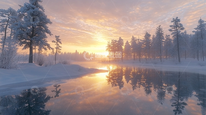 高清大图下载【趣麦麦图】宁静的冬日湖面日出