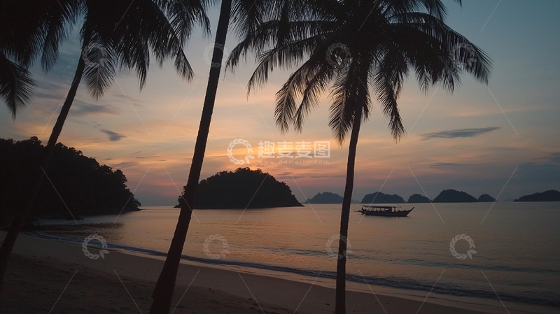 高清大图下载【趣麦麦图】日落海滩椰子树剪影