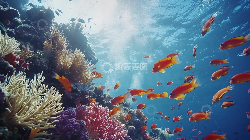高清大图下载【趣麦麦图】珊瑚礁鱼群阳光