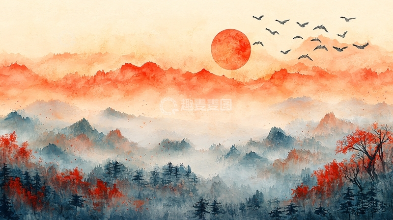 高清大图下载【趣麦麦图】水墨山水日出飞鸟意境图