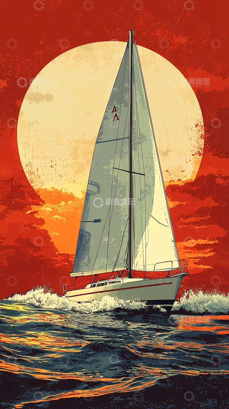 高清大图下载【趣麦麦图】海面帆船与落日唯美剪影