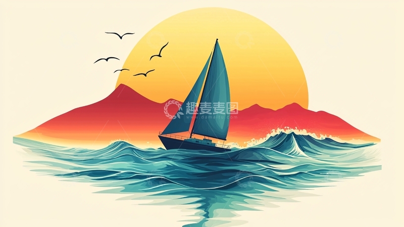 高清大图下载【趣麦麦图】帆船航行在日落的大海上