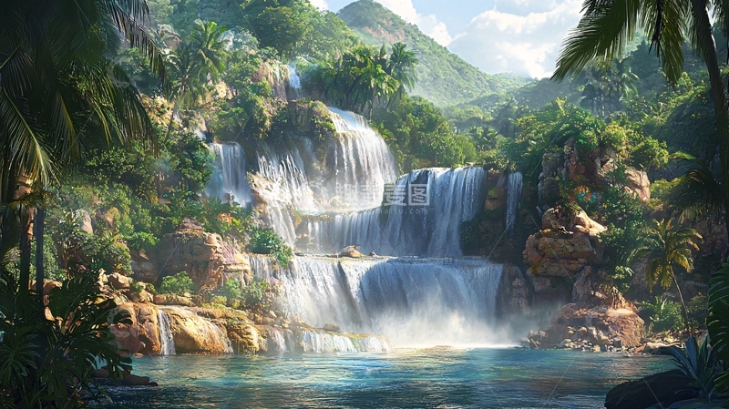 高清大图下载【趣麦麦图】热带雨林瀑布景观