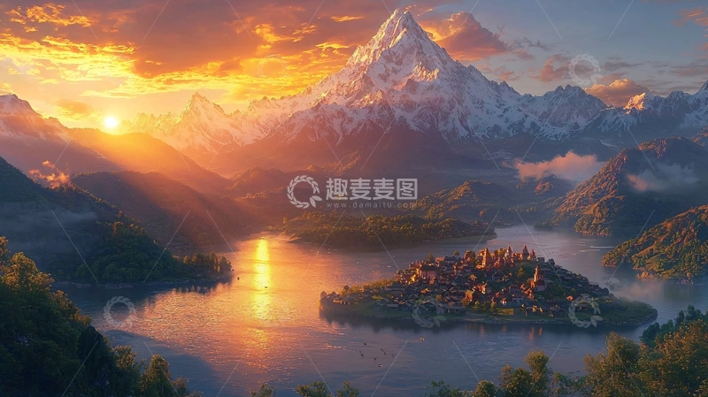 高清大图下载【趣麦麦图】日落雪山湖泊小镇