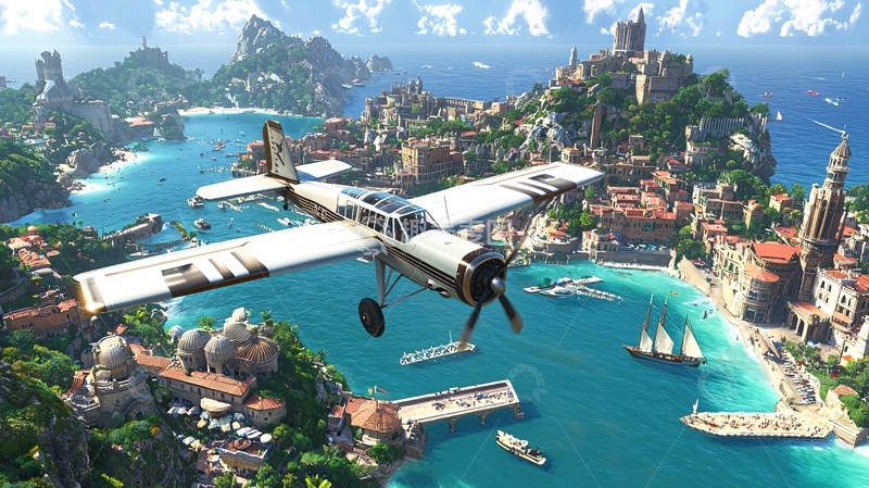 高清大图下载【趣麦麦图】飞机飞过海边城市