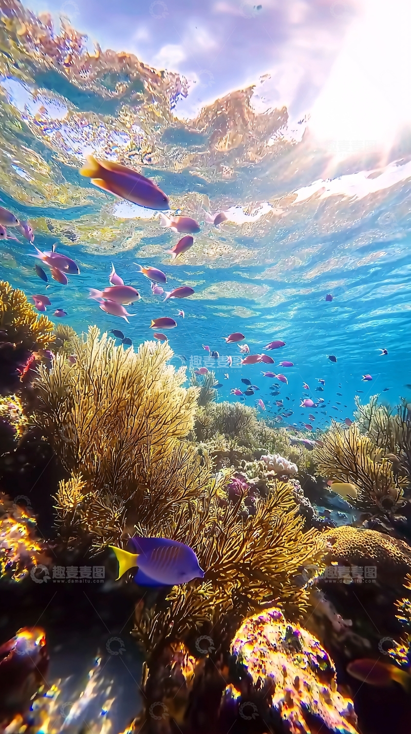 高清大图下载【趣麦麦图】阳光透过清澈海水照射珊瑚礁