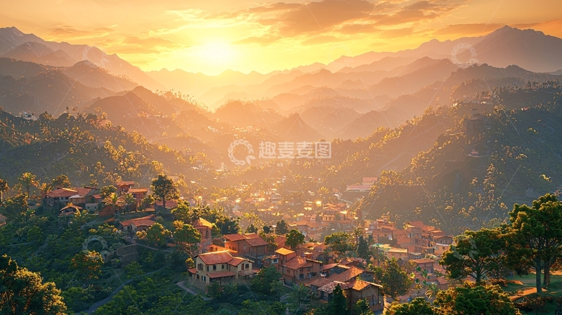 高清大图下载【趣麦麦图】山谷日落小镇风景