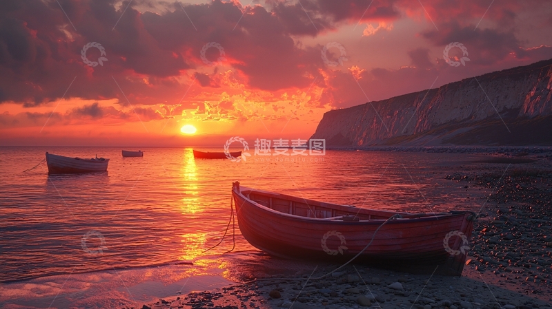 高清大图下载【趣麦麦图】红色夕阳海边小船