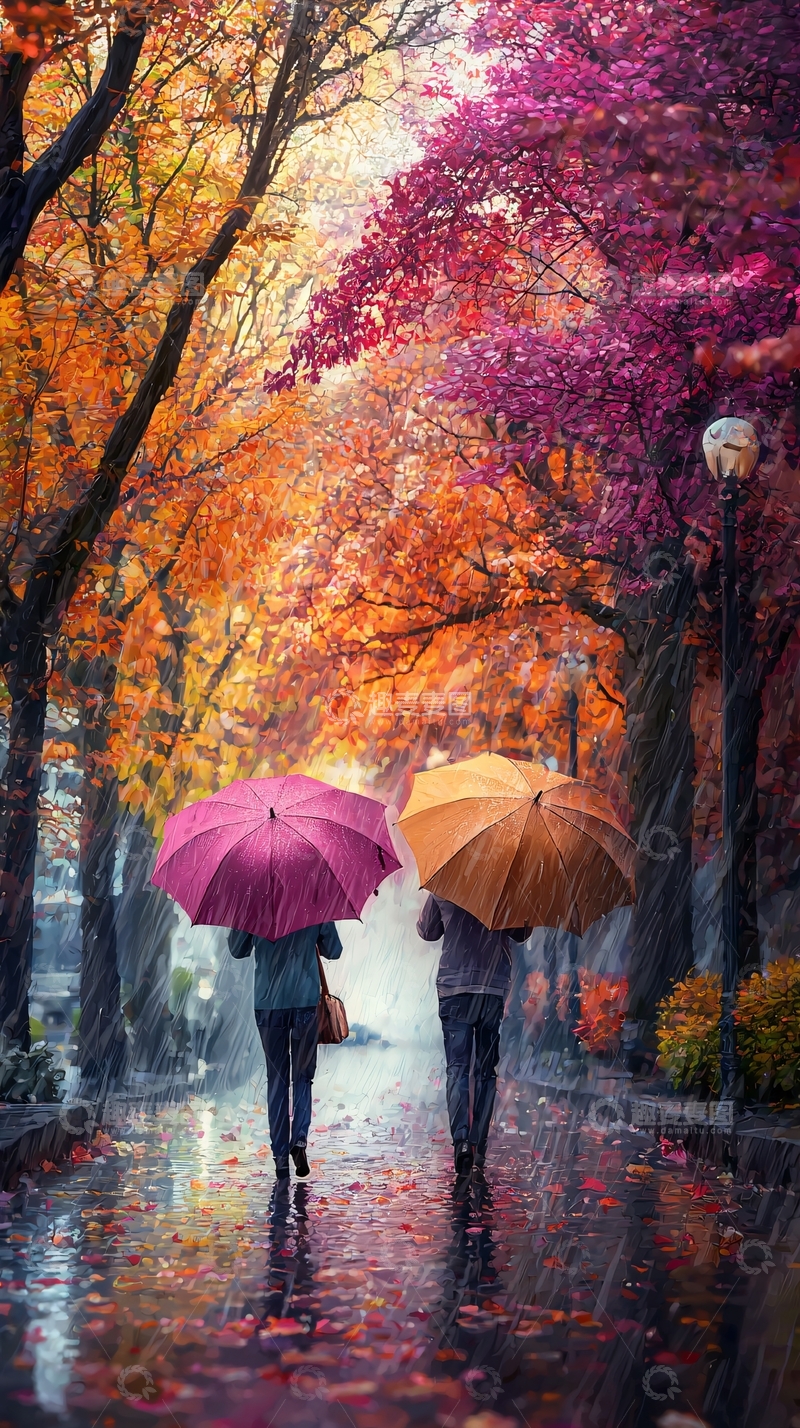 高清大图下载【趣麦麦图】秋雨情侣浪漫街道