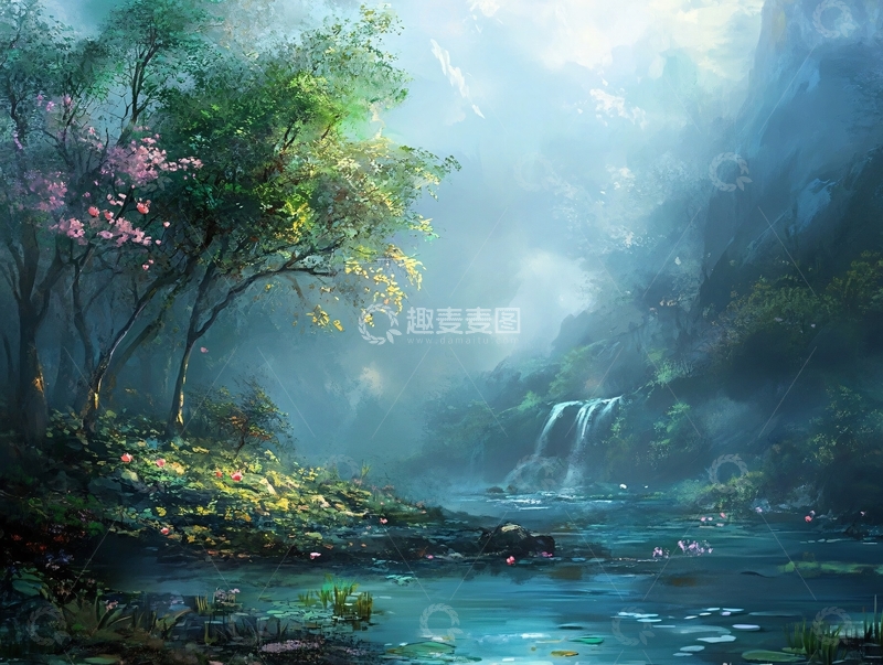 高清大图下载【趣麦麦图】梦幻森林瀑布