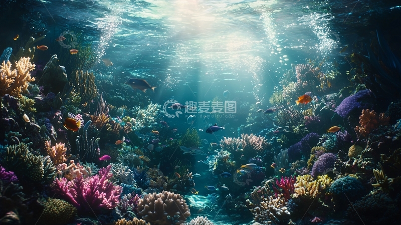 高清大图下载【趣麦麦图】阳光透过海水照射珊瑚礁