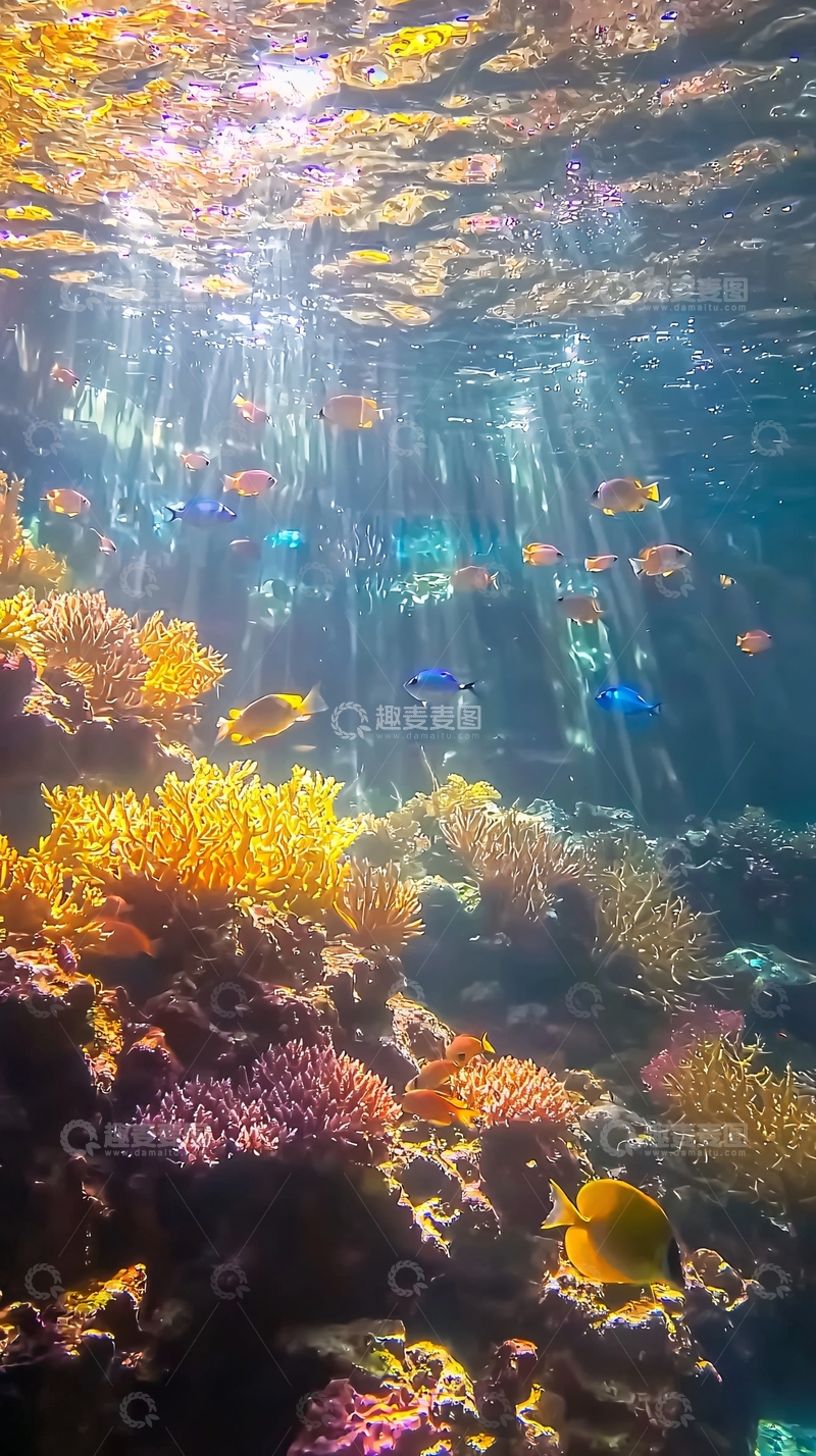 高清大图下载【趣麦麦图】阳光透过海水照射珊瑚礁