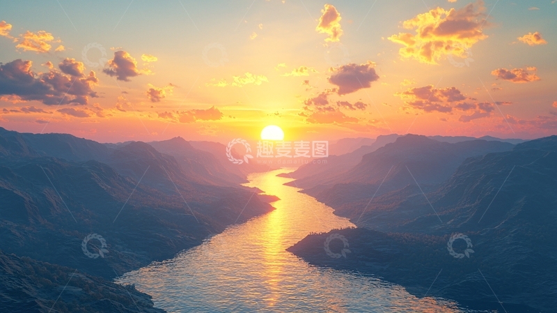 高清大图下载【趣麦麦图】山谷河流的日出美景