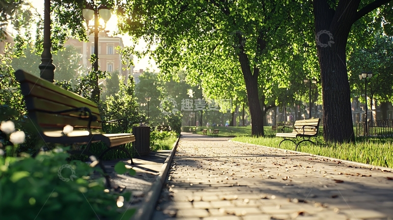 高清大图下载【趣麦麦图】公园长椅阳光树荫小路