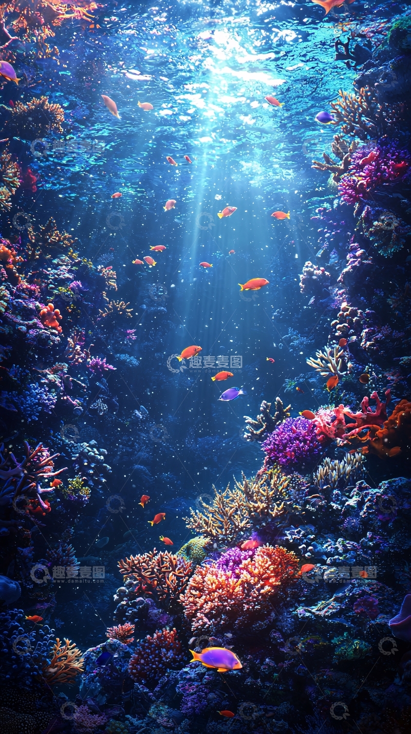 高清大图下载【趣麦麦图】阳光透过海水照射珊瑚礁