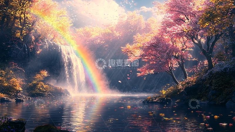 高清大图下载【趣麦麦图】唯美瀑布彩虹风景