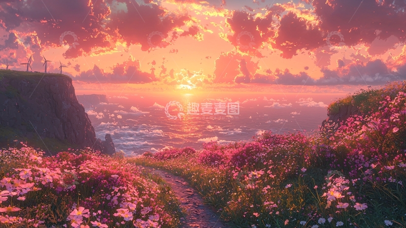 高清大图下载【趣麦麦图】唯美日落花海