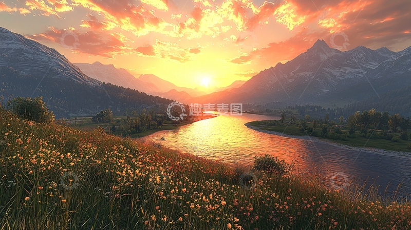 高清大图下载【趣麦麦图】山河日落的壮丽景色