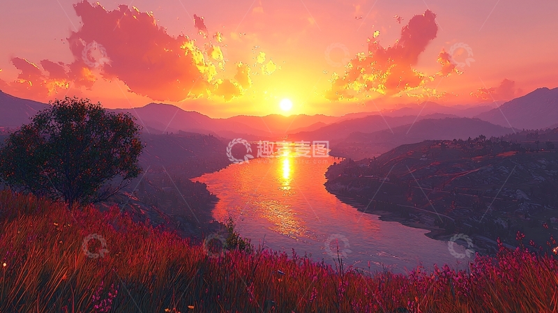 高清大图下载【趣麦麦图】唯美河流日落景色