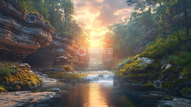 高清大图下载【趣麦麦图】峡谷日落溪流