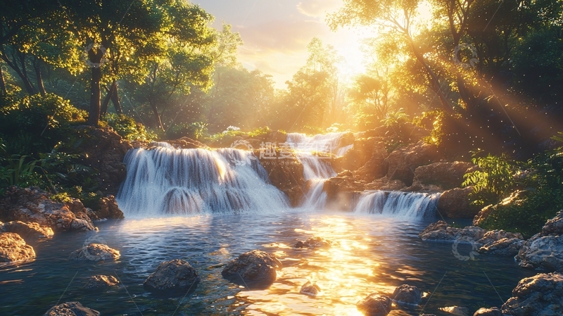 高清大图下载【趣麦麦图】阳光下的瀑布小溪