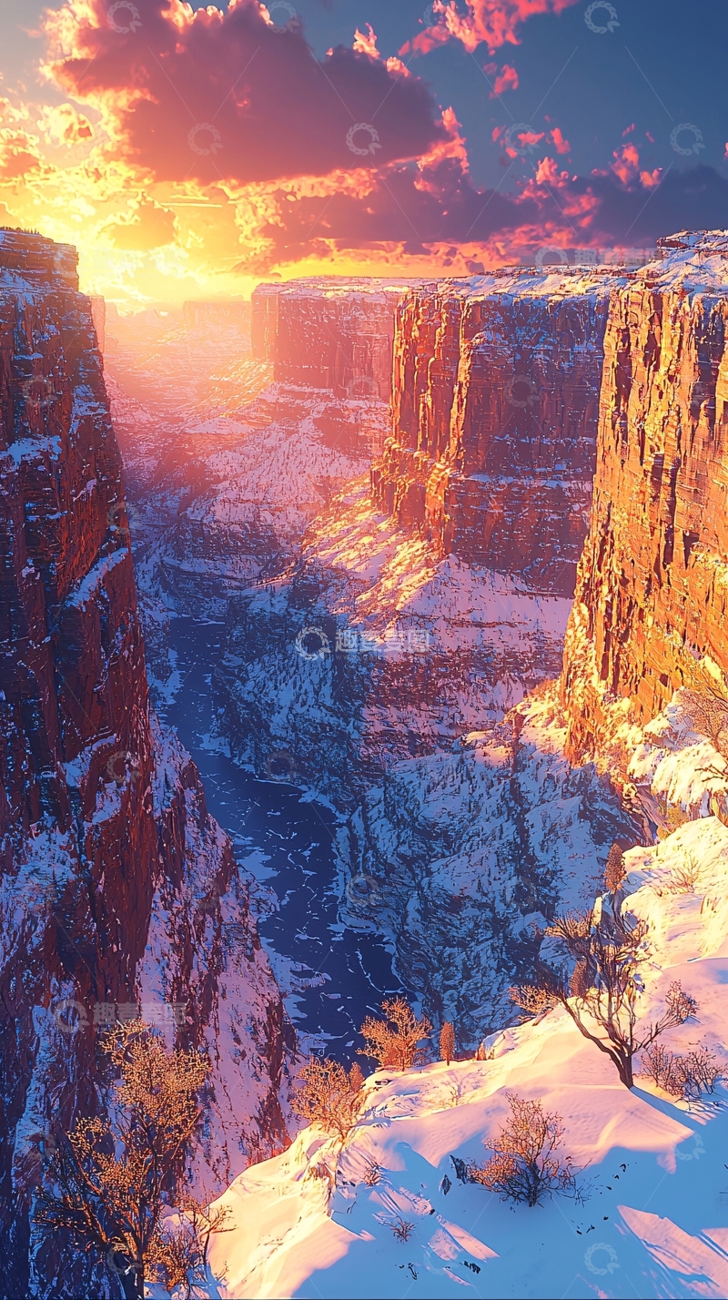 高清大图下载【趣麦麦图】雪山峡谷日落美景