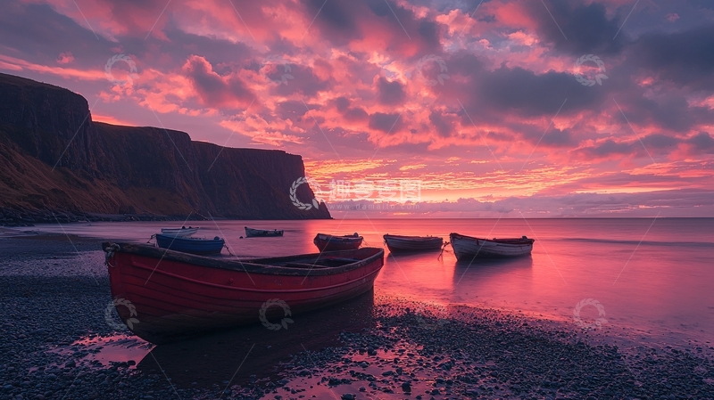 高清大图下载【趣麦麦图】粉色天空下的海边小船