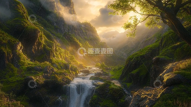 高清大图下载【趣麦麦图】山谷阳光瀑布