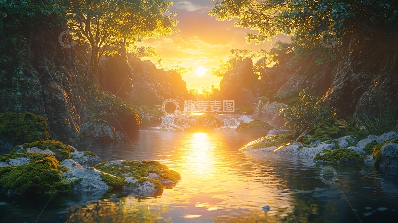 高清大图下载【趣麦麦图】森林小溪日落
