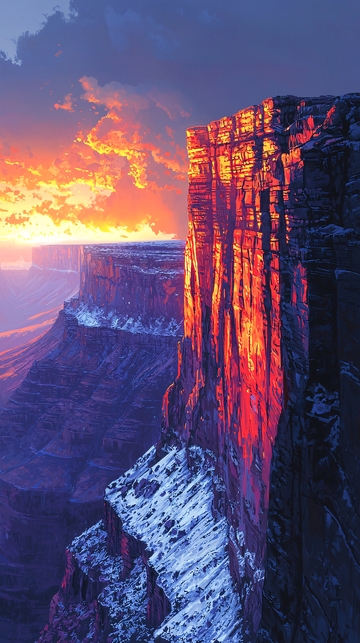 日落峡谷峭壁雪景