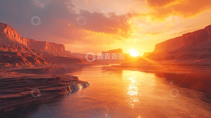 高清大图下载【趣麦麦图】峡谷日落金光水面