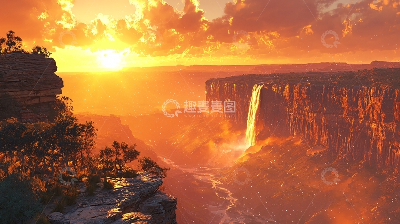 高清大图下载【趣麦麦图】日落下的峡谷瀑布