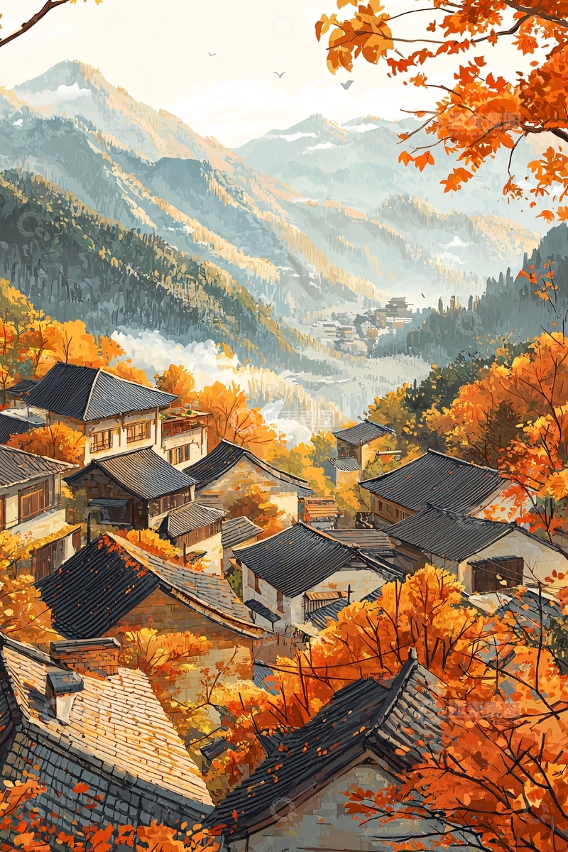 高清大图下载【趣麦麦图】秋日山间村落风光