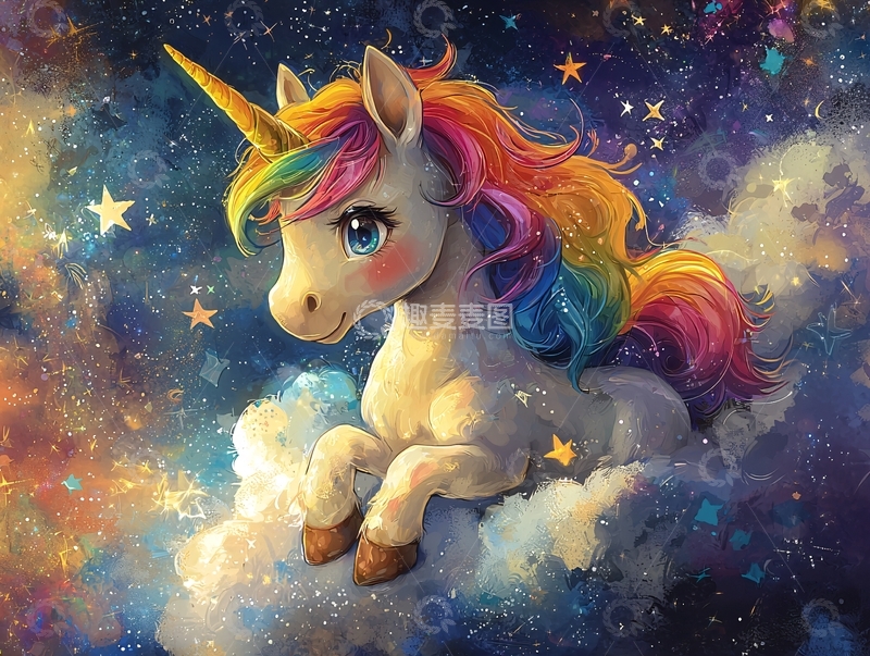 高清大图下载【趣麦麦图】梦幻独角兽躺在云端