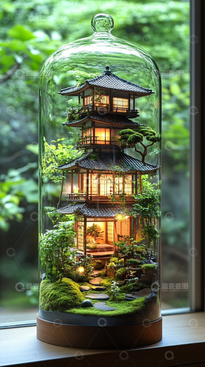 高清大图下载【趣麦麦图】玻璃罩中的日式塔楼