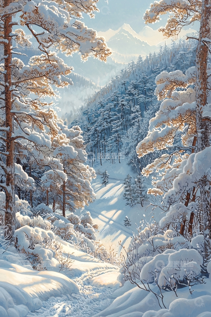高清大图下载【趣麦麦图】雪山松林冬日风景