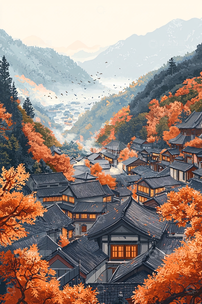 高清大图下载【趣麦麦图】秋日山间日式村落