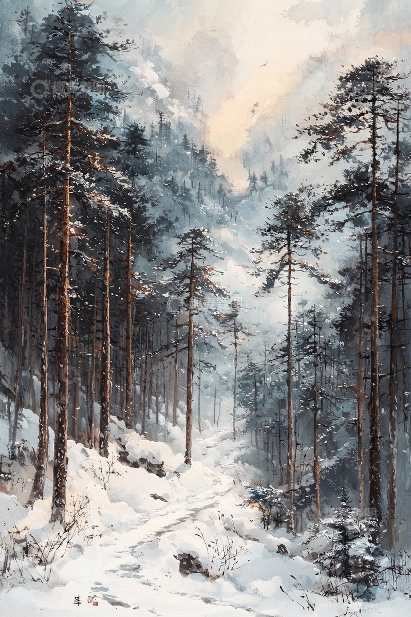 高清大图下载【趣麦麦图】雪山森林风景画