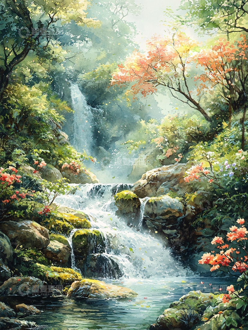 高清大图下载【趣麦麦图】水彩风格的森林瀑布