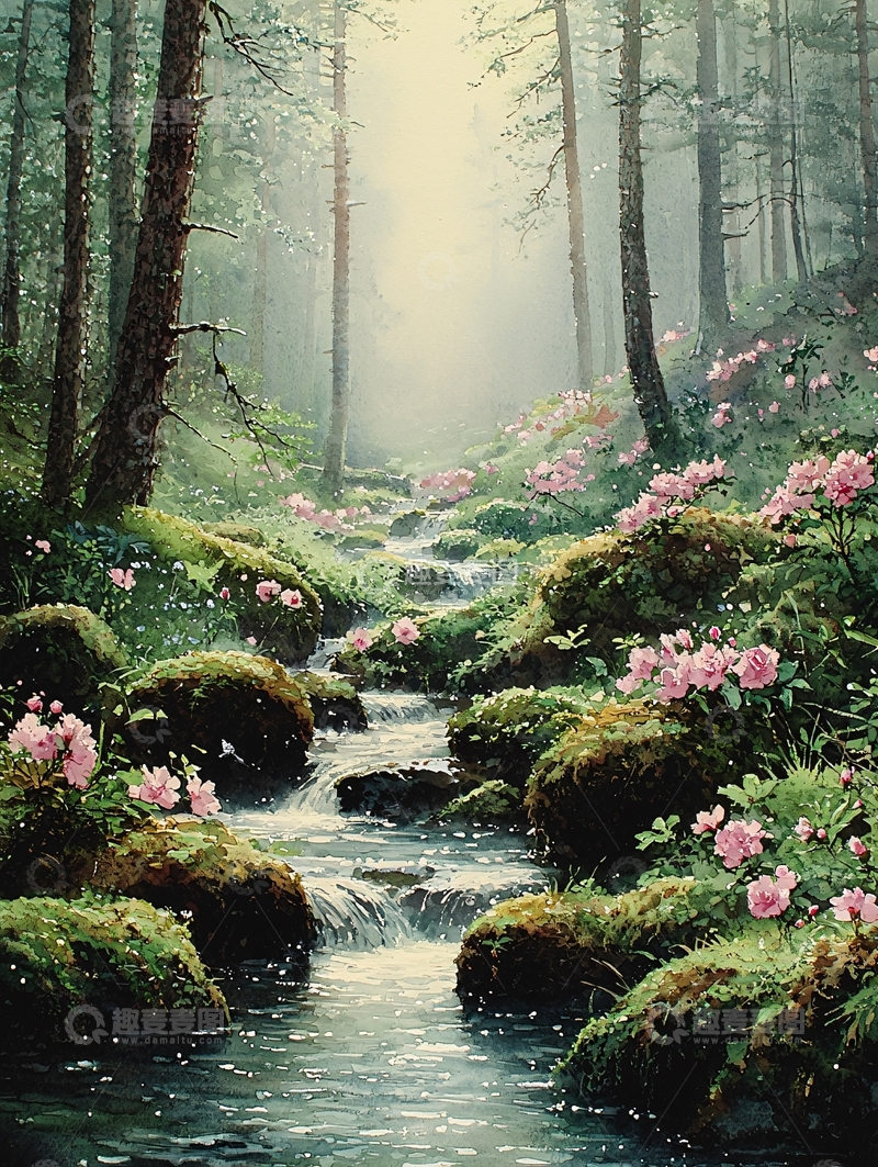 高清大图下载【趣麦麦图】梦幻森林小溪鲜花