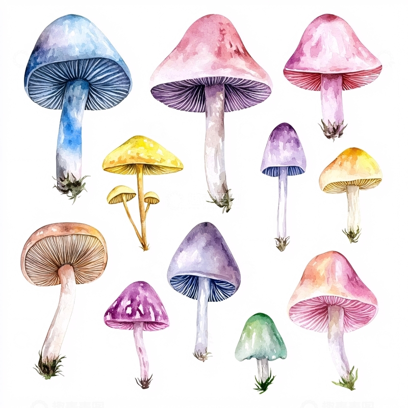高清大图下载【趣麦麦图】水彩手绘彩色蘑菇