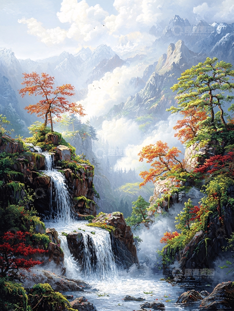 高清大图下载【趣麦麦图】山谷瀑布秋景图