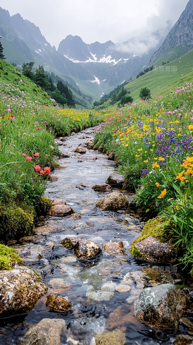 高清大图下载【趣麦麦图】山间溪流野花盛开