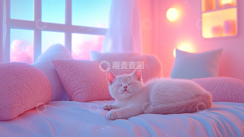 高清大图下载【趣麦麦图】粉色房间里的白猫
