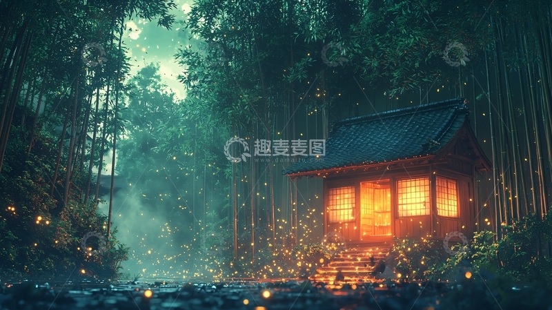 高清大图下载【趣麦麦图】森林小屋夜景