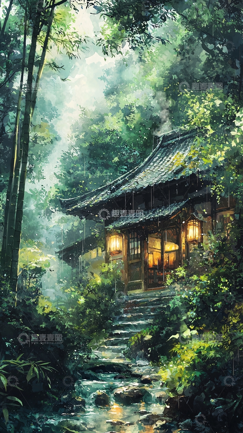 高清大图下载【趣麦麦图】雨后山林中的古老寺庙